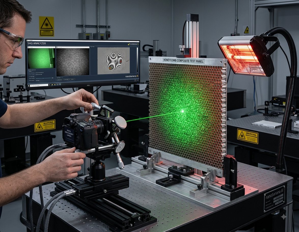 Shearography inspection of a honeycomb composite test panel with laser and thermal stressing
